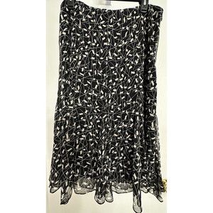 Anne Klein Sheer Black Skirt Geometric Print Lined Midi‎ Full Skirt 100% Silk 12